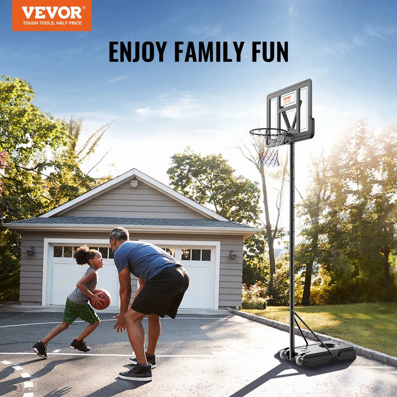 VEVOR basketbola grozs ar regulējamu augstumu 1,22–3,05 m, pārnēsājama sistēma ar 112 cm aizmugures vairogu, grozs ar statīvu, riteņiem un uzpildāmu pamatni, piemērots bērniem un pieaugušajiem, lietošanai telpās un ārā - ZEMLETES.LV