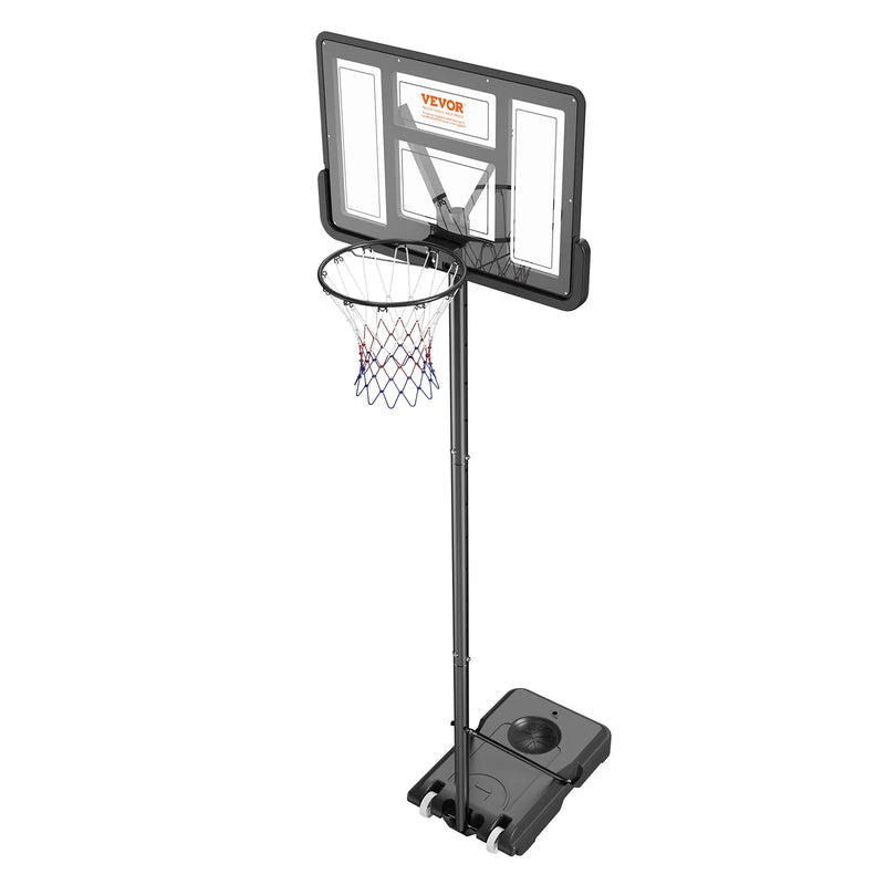 VEVOR basketbola grozs ar regulējamu augstumu 1,22–3,05 m, pārnēsājama sistēma ar 112 cm aizmugures vairogu, grozs ar statīvu, riteņiem un uzpildāmu pamatni, piemērots bērniem un pieaugušajiem, lietošanai telpās un ārā - ZEMLETES.LV