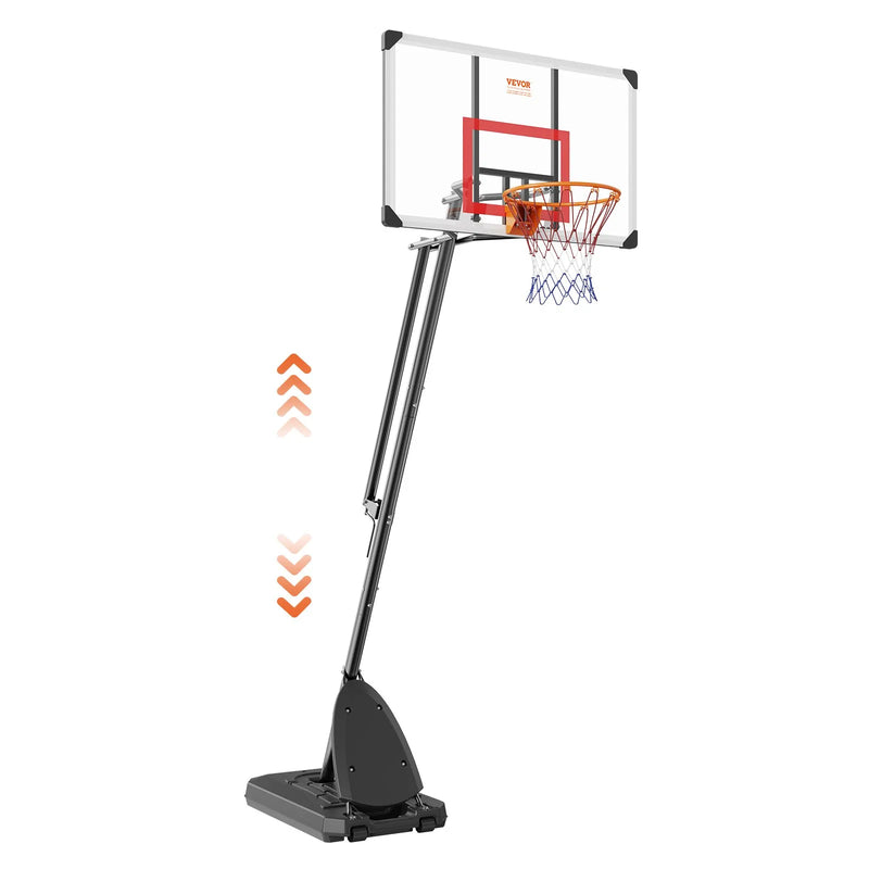 VEVOR basketbola grozs ar regulējamu augstumu 2,31–3,05 m, pārnēsājama sistēma ar 127 cm aizmugures vairogu, grozs ar statīvu, riteņiem un uzpildāmu pamatni, piemērots bērniem un pieaugušajiem, lietošanai telpās un ārā - ZEMLETES.LV