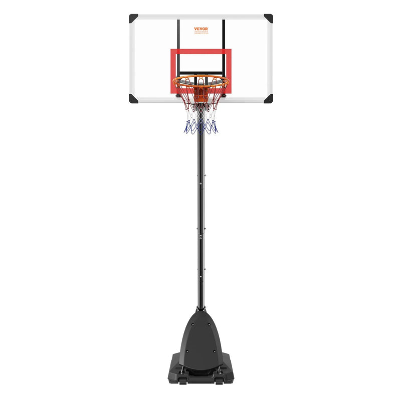 VEVOR basketbola grozs ar regulējamu augstumu 2,31–3,05 m, pārnēsājama sistēma ar 127 cm aizmugures vairogu, grozs ar statīvu, riteņiem un uzpildāmu pamatni, piemērots bērniem un pieaugušajiem, lietošanai telpās un ārā - ZEMLETES.LV
