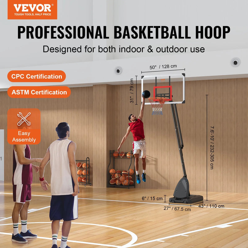 VEVOR basketbola grozs ar regulējamu augstumu 2,31–3,05 m, pārnēsājama sistēma ar 127 cm aizmugures vairogu, grozs ar statīvu, riteņiem un uzpildāmu pamatni, piemērots bērniem un pieaugušajiem, lietošanai telpās un ārā - ZEMLETES.LV