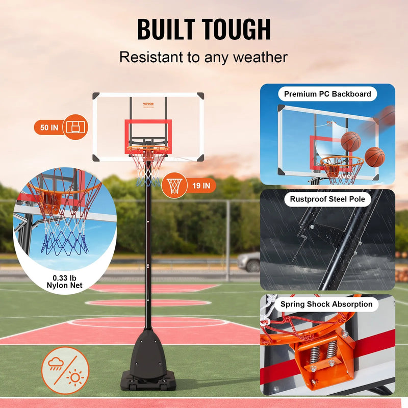 VEVOR basketbola grozs ar regulējamu augstumu 2,31–3,05 m, pārnēsājama sistēma ar 127 cm aizmugures vairogu, grozs ar statīvu, riteņiem un uzpildāmu pamatni, piemērots bērniem un pieaugušajiem, lietošanai telpās un ārā - ZEMLETES.LV