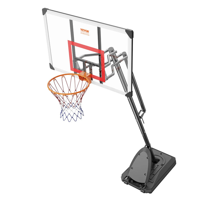 VEVOR basketbola grozs ar regulējamu augstumu 2,31–3,05 m, pārnēsājama sistēma ar 127 cm aizmugures vairogu, grozs ar statīvu, riteņiem un uzpildāmu pamatni, piemērots bērniem un pieaugušajiem, lietošanai telpās un ārā - ZEMLETES.LV