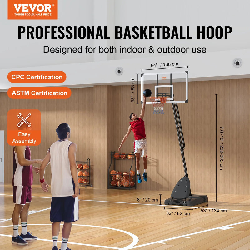 VEVOR basketbola grozs ar regulējamu augstumu 2,31–3,05 m, pārnēsājama sistēma ar 137 cm aizmugures vairogu, grozs ar statīvu, riteņiem un uzpildāmu pamatni, piemērots bērniem un pieaugušajiem, lietošanai telpās un ārā - ZEMLETES.LV