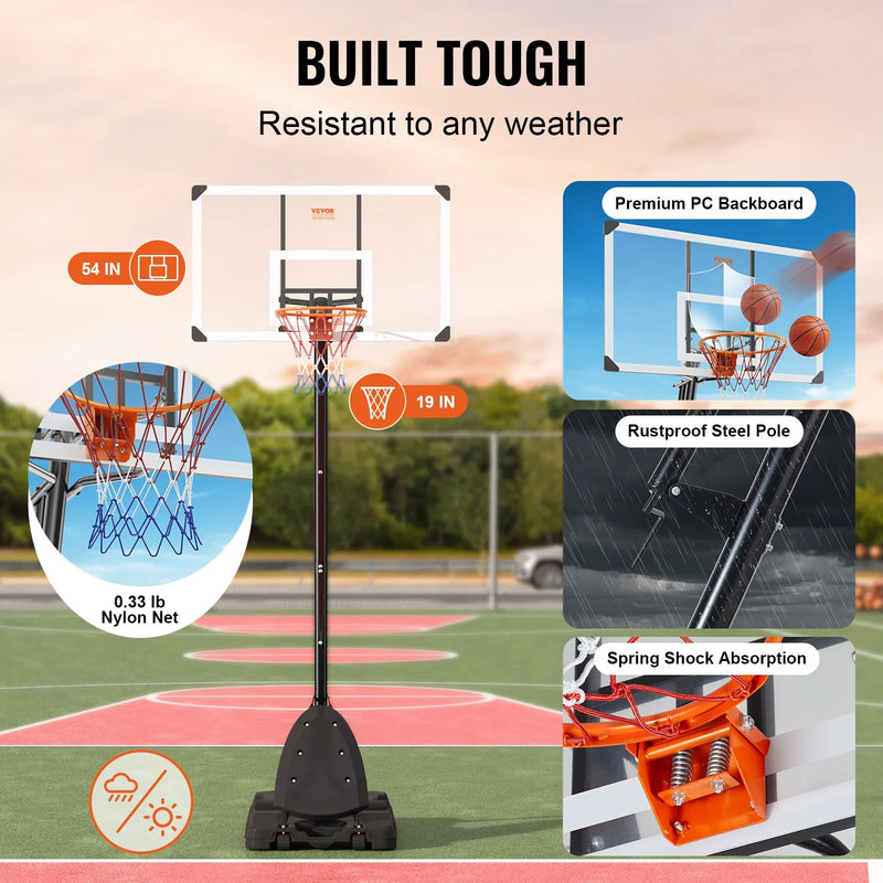VEVOR basketbola grozs ar regulējamu augstumu 2,31–3,05 m, pārnēsājama sistēma ar 137 cm aizmugures vairogu, grozs ar statīvu, riteņiem un uzpildāmu pamatni, piemērots bērniem un pieaugušajiem, lietošanai telpās un ārā - ZEMLETES.LV