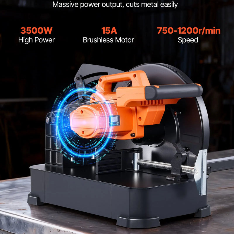 VEVOR metāla griešanas zāģis ar 355 mm aukstās griešanas disku, 3500 W bezsuku motors, regulējams ātrums 750–1200 apgr./min, paredzēts metāla kvadrātcauruļu, plakanprofilu un I-siju griešanai