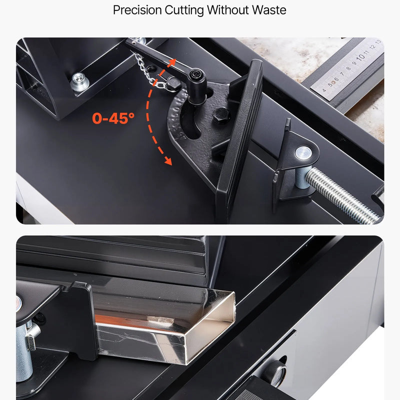 VEVOR metāla griešanas zāģis ar 355 mm aukstās griešanas disku, 3500 W bezsuku motors, regulējams ātrums 750–1200 apgr./min, paredzēts metāla kvadrātcauruļu, plakanprofilu un I-siju griešanai