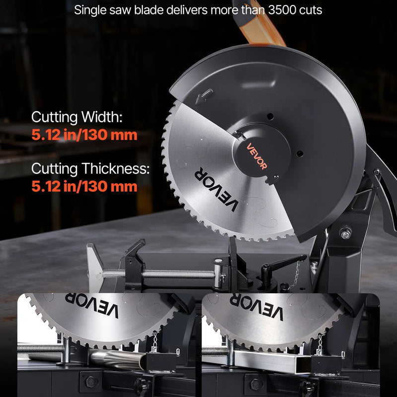 VEVOR metāla griešanas zāģis ar 355 mm aukstās griešanas disku, 3500 W bezsuku motors, regulējams ātrums 750–1200 apgr./min, paredzēts metāla kvadrātcauruļu, plakanprofilu un I-siju griešanai