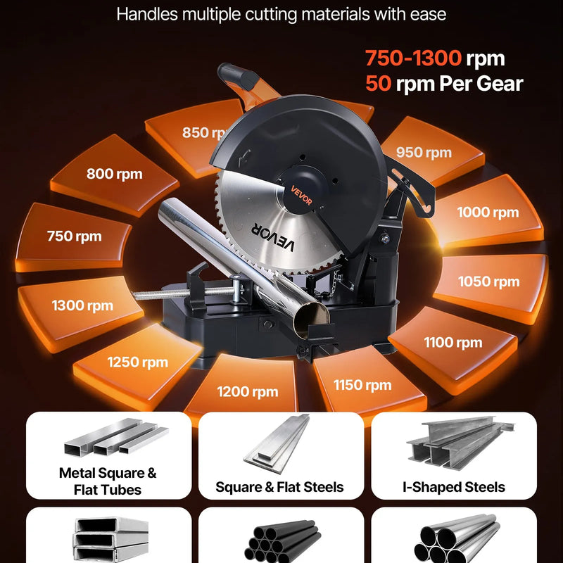 VEVOR metāla griešanas zāģis ar 355 mm aukstās griešanas disku, 3500 W bezsuku motors, regulējams ātrums 750–1200 apgr./min, paredzēts metāla kvadrātcauruļu, plakanprofilu un I-siju griešanai
