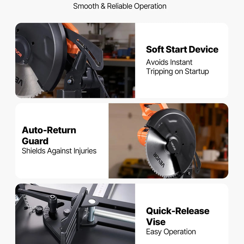 VEVOR metāla griešanas zāģis ar 355 mm aukstās griešanas disku, 3500 W bezsuku motors, regulējams ātrums 750–1200 apgr./min, paredzēts metāla kvadrātcauruļu, plakanprofilu un I-siju griešanai