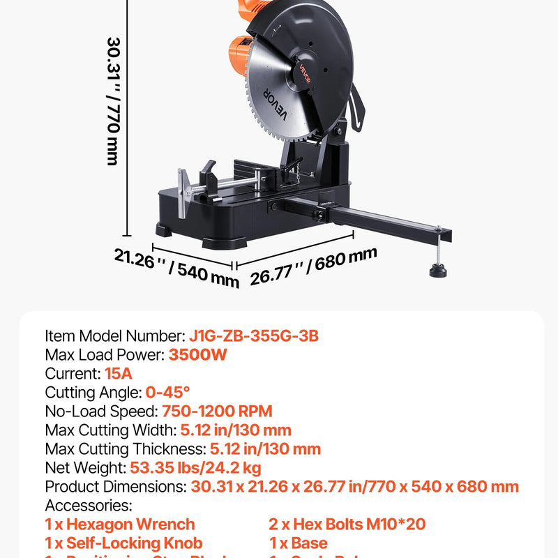 VEVOR metāla griešanas zāģis ar 355 mm aukstās griešanas disku, 3500 W bezsuku motors, regulējams ātrums 750–1200 apgr./min, paredzēts metāla kvadrātcauruļu, plakanprofilu un I-siju griešanai