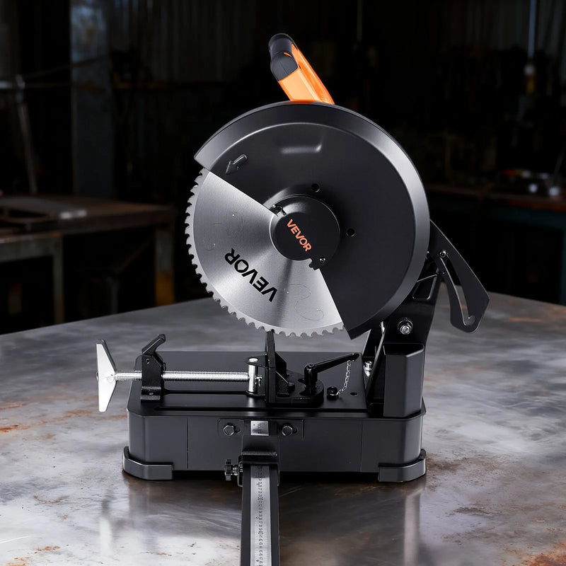 VEVOR metāla griešanas zāģis ar 355 mm aukstās griešanas disku, 3500 W bezsuku motors, regulējams ātrums 750–1200 apgr./min, paredzēts metāla kvadrātcauruļu, plakanprofilu un I-siju griešanai