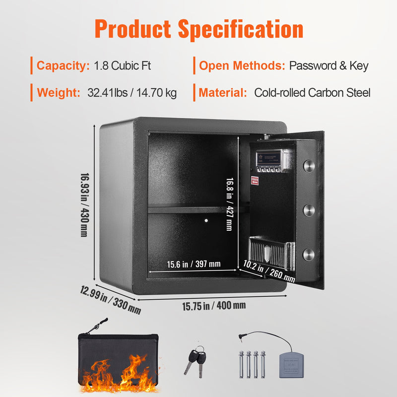 VEVOR 51 l mājas seifs ar digitālo tastatūru, atslēgām un ugunsdrošu somu
