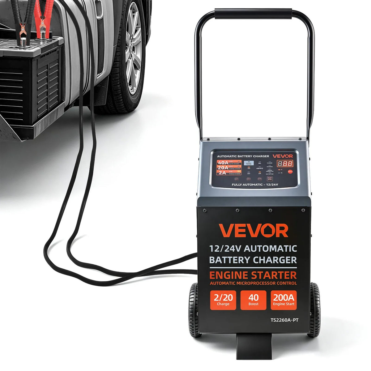 VEVOR 12/24 V akumulatoru lādētājs un starteris 200/100 A ar riteņiem