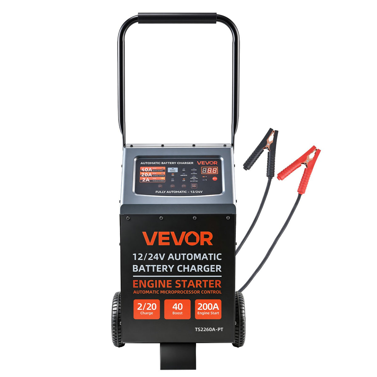 VEVOR 12/24 V akumulatoru lādētājs un starteris 200/100 A ar riteņiem
