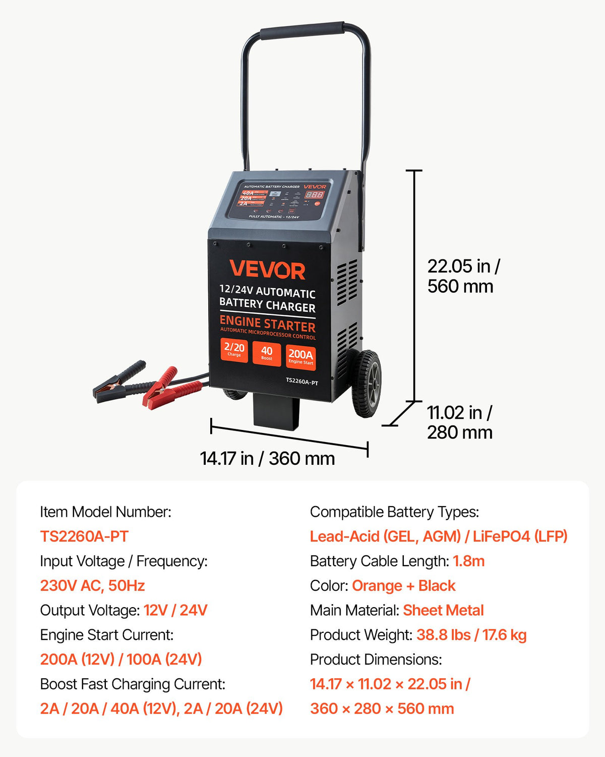 VEVOR 12/24 V akumulatoru lādētājs un starteris 200/100 A ar riteņiem