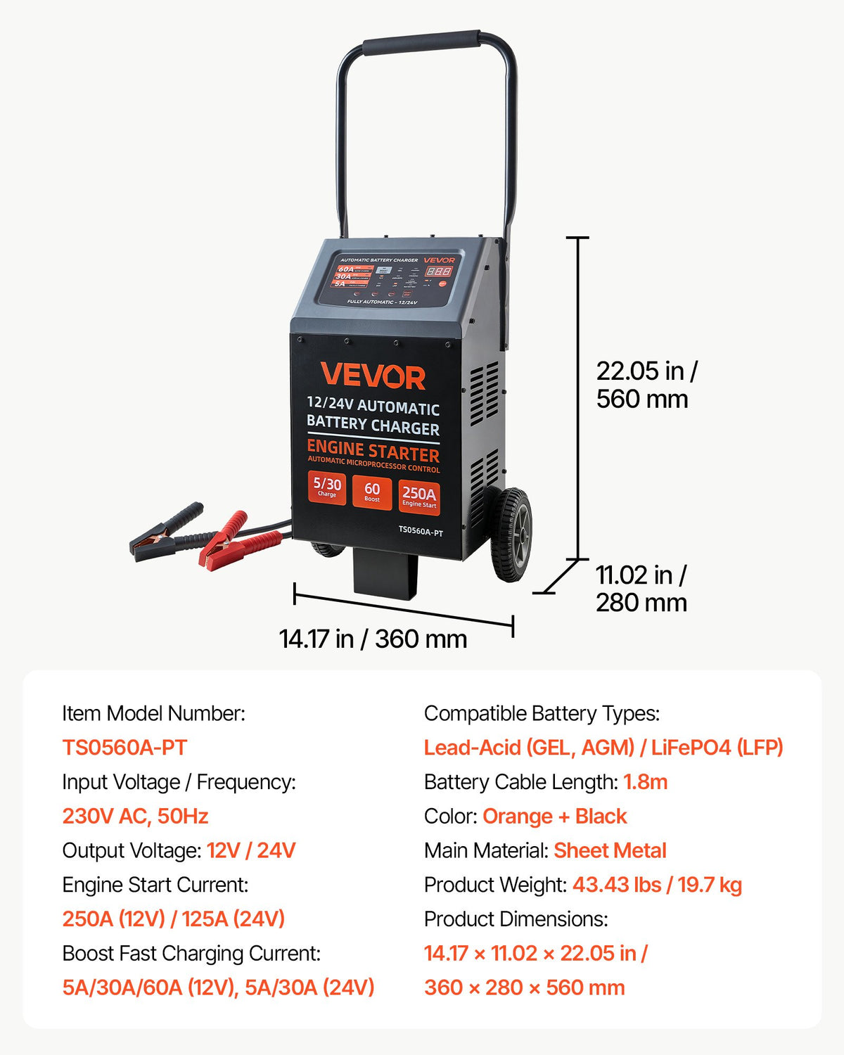 VEVOR 12/24 V akumulatoru lādētājs un starteris 250/125 A ar riteņiem