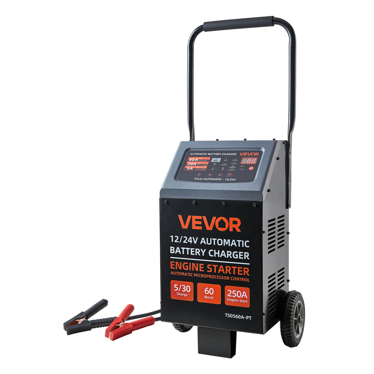 VEVOR 12/24 V akumulatoru lādētājs un starteris 250/125 A ar riteņiem
