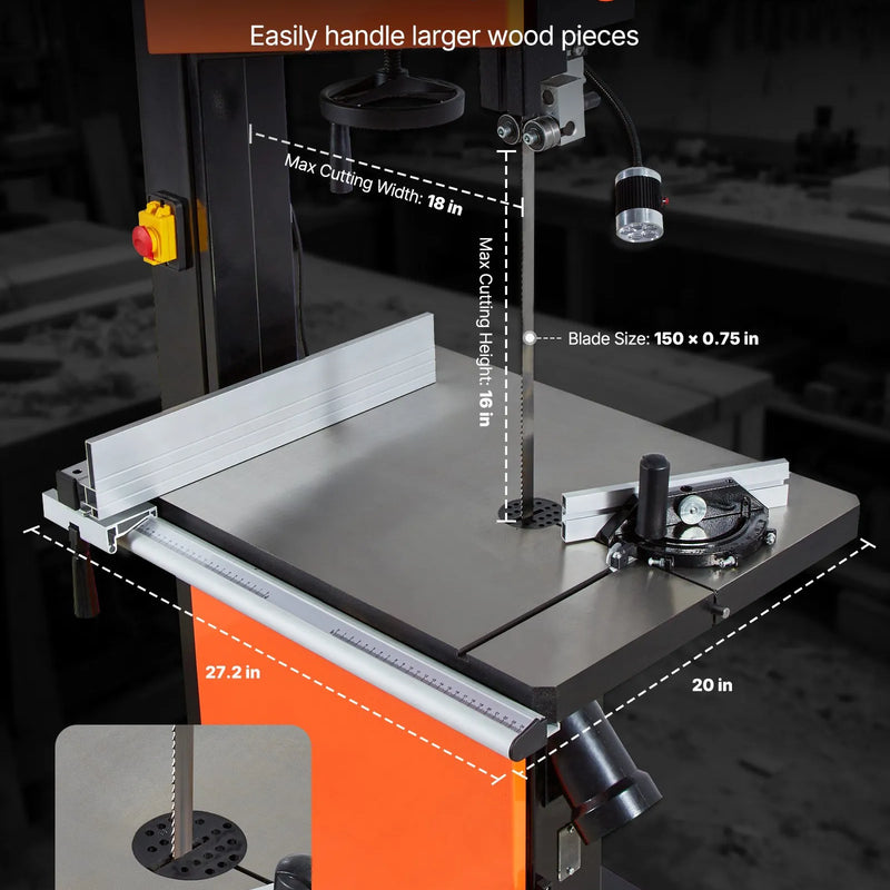 VEVOR kokapstrādes lentzāģis 457 mm, lentzāģis ar 2240 W (3 ZS) motoru, maksimālais griešanas augstums 406 mm, 690 × 510 mm čuguna galds, ar 360° darba apgaismojumu, leņķmēru un vadotni, lentzāģis kokapstrādei