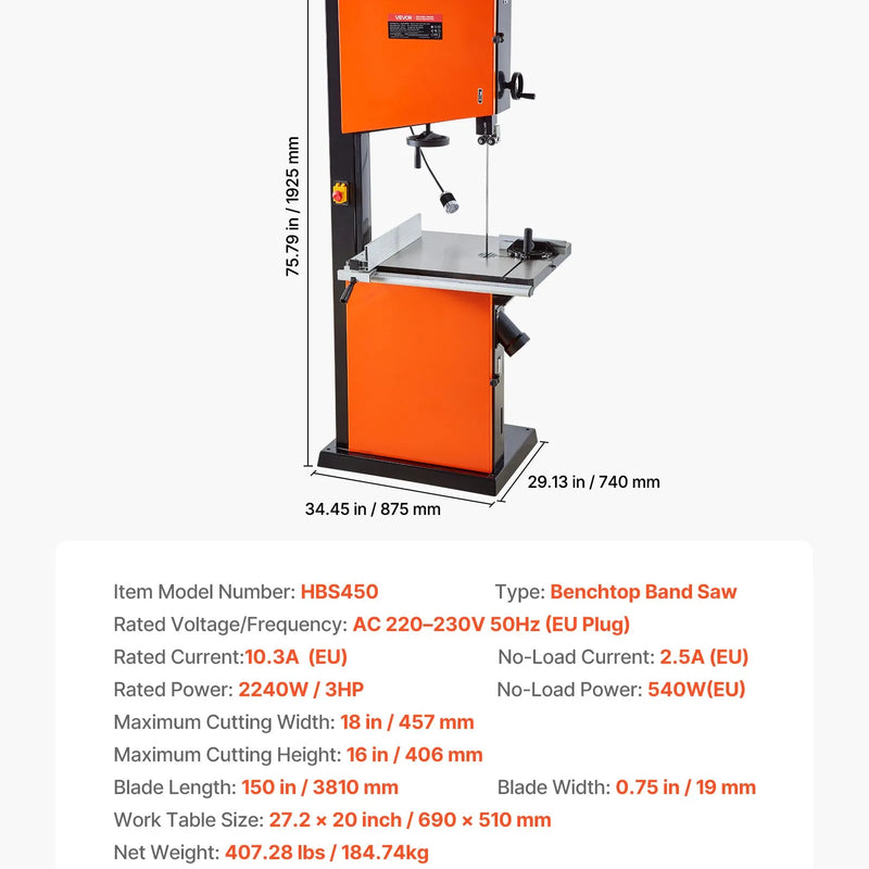 VEVOR kokapstrādes lentzāģis 457 mm, lentzāģis ar 2240 W (3 ZS) motoru, maksimālais griešanas augstums 406 mm, 690 × 510 mm čuguna galds, ar 360° darba apgaismojumu, leņķmēru un vadotni, lentzāģis kokapstrādei