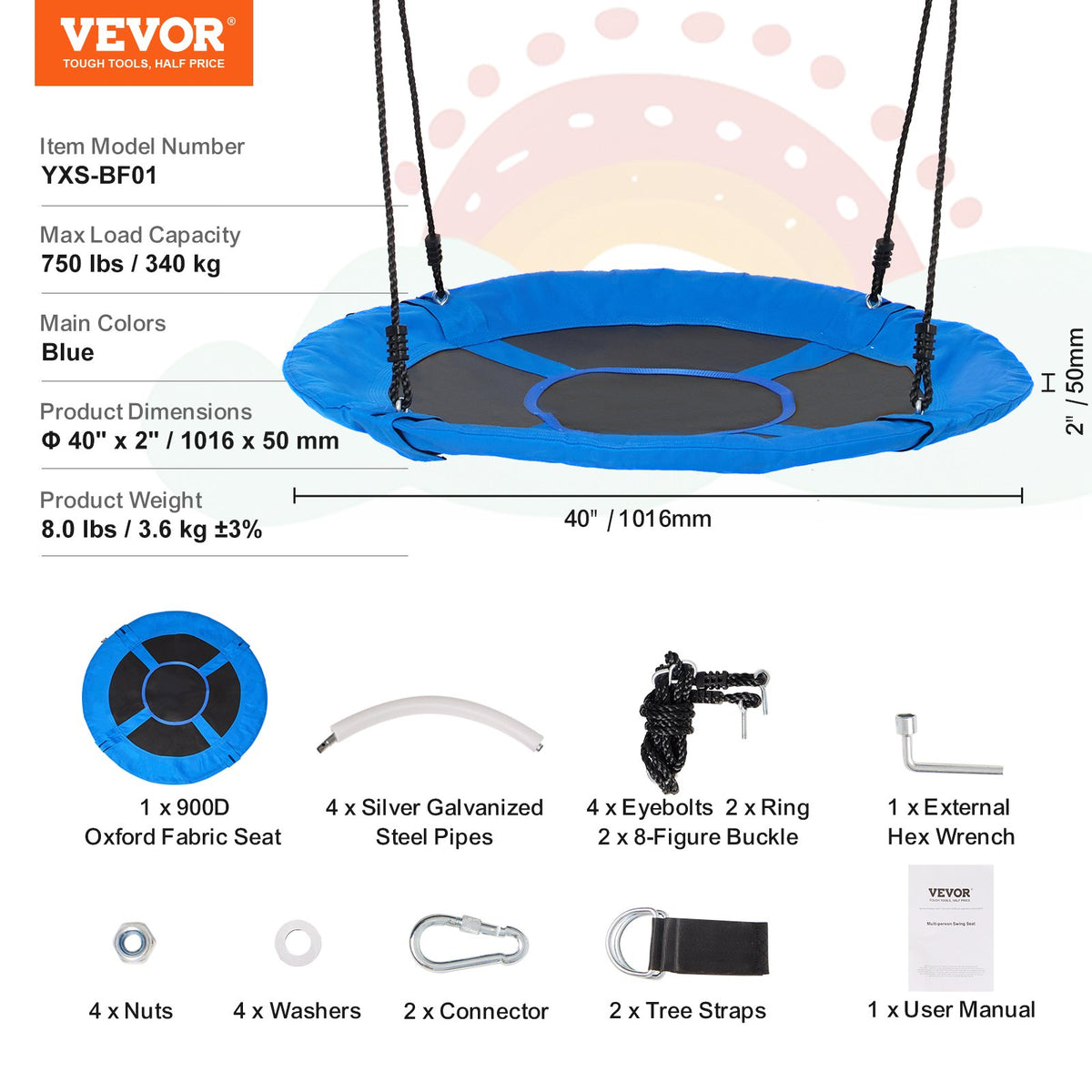 VEVOR ümarkiik lastele, 102 cm, 900D Oxford-kangas, kuni 340 kg, sinine