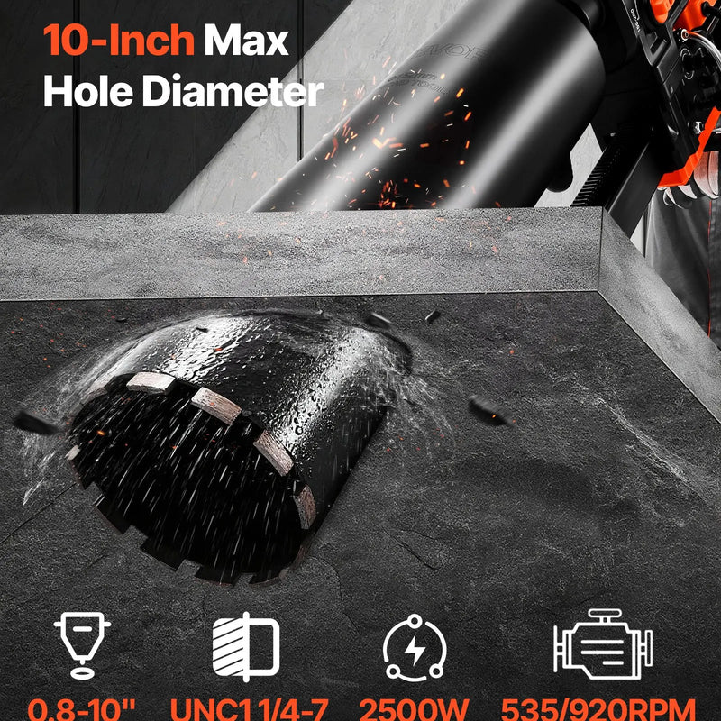 VEVOR dimanta serdes urbjmašīna ar statīvu, urbšanas diametrs 20–254 mm, mitrās un sausās urbšanas iekārta betonam, 2 ātrumi 535 / 920 apgr./min, 2500 W, UNC 1 1/4–7 vītne, ar 10 urbjiem, piemērota betonam, ķieģelim un akmenim