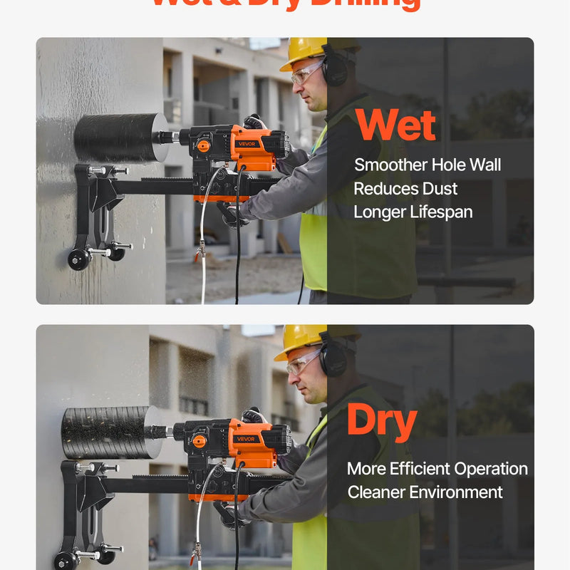 VEVOR dimanta serdes urbjmašīna ar statīvu, urbšanas diametrs 20–254 mm, mitrās un sausās urbšanas iekārta betonam, 2 ātrumi 535 / 920 apgr./min, 2500 W, UNC 1 1/4–7 vītne, ar 10 urbjiem, piemērota betonam, ķieģelim un akmenim
