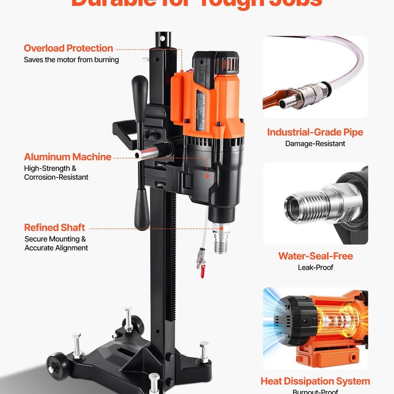 VEVOR dimanta serdes urbjmašīna ar statīvu, urbšanas diametrs 20–254 mm, mitrās un sausās urbšanas iekārta betonam, 2 ātrumi 535 / 920 apgr./min, 2500 W, UNC 1 1/4–7 vītne, ar 10 urbjiem, piemērota betonam, ķieģelim un akmenim