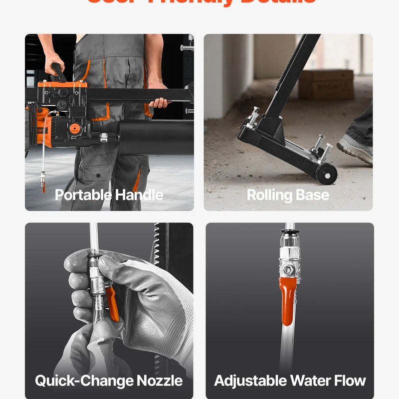 VEVOR dimanta serdes urbjmašīna ar statīvu, urbšanas diametrs 20–254 mm, mitrās un sausās urbšanas iekārta betonam, 2 ātrumi 535 / 920 apgr./min, 2500 W, UNC 1 1/4–7 vītne, ar 10 urbjiem, piemērota betonam, ķieģelim un akmenim