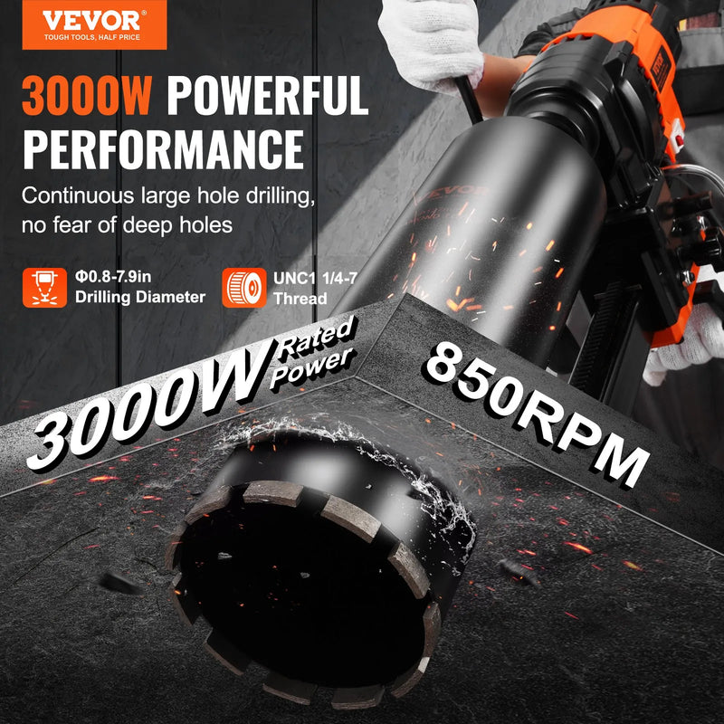 VEVOR dimanta serdes urbjmašīna ar statīvu, urbšanas diametrs 20–201 mm, 3000 W dimanta serdes urbšanas iekārta ar statīvu betonam, ķieģelim un mūra materiāliem