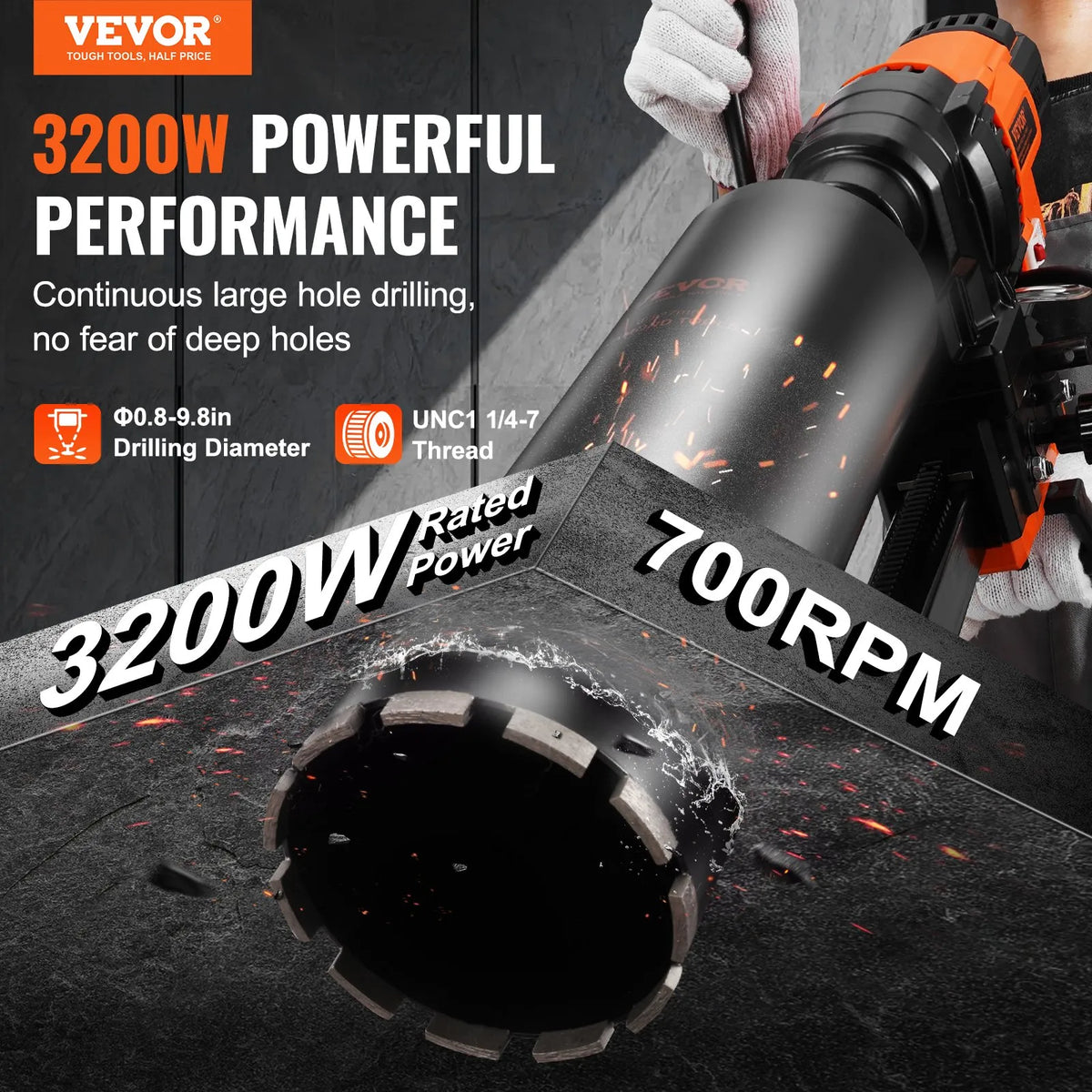 VEVOR Diamond Core Drill 20–249 mm Drilling Diameter, 3200 W, with Stand, Professional Core Drilling Machine