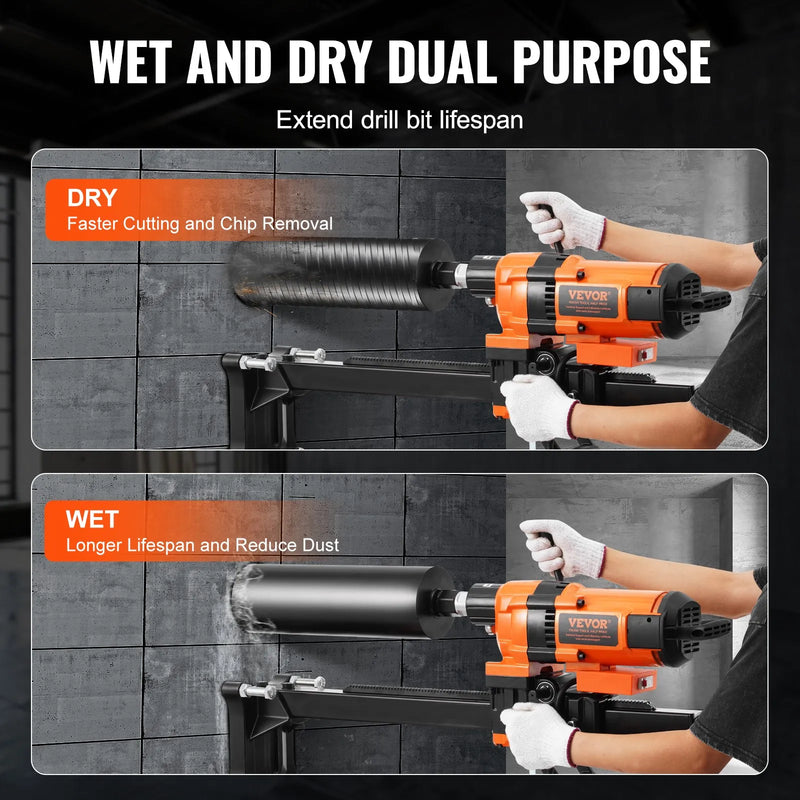 VEVOR dimanta serdes urbjmašīna ar statīvu, urbšanas diametrs 20–300 mm, 3500 W, dimanta serdes urbšanas iekārta ar statīvu — spēcīga urbšana gan sausā, gan mitrā režīmā betonam, ķieģelim un mūra materiāliem.