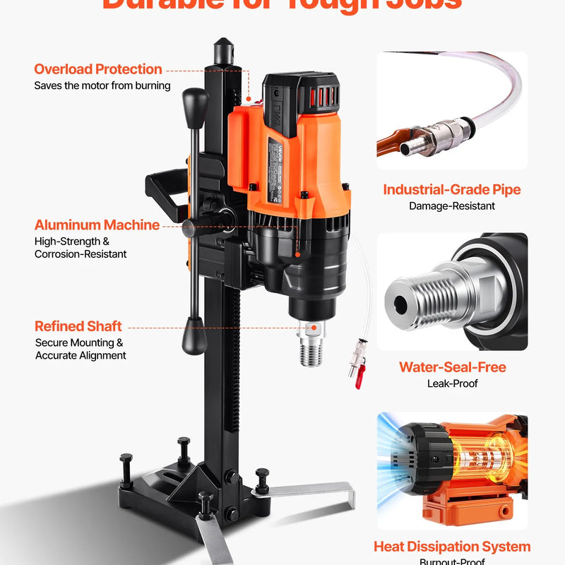 VEVOR dimanta kodolurbšanas iekārta, urbšanas diametrs 20–200 mm, statīvā montējama sausai un mitrai urbšanai betonā, 8 urbji, 850 apgr./min, UNC 1 1/4–7 vītne, 3000 W