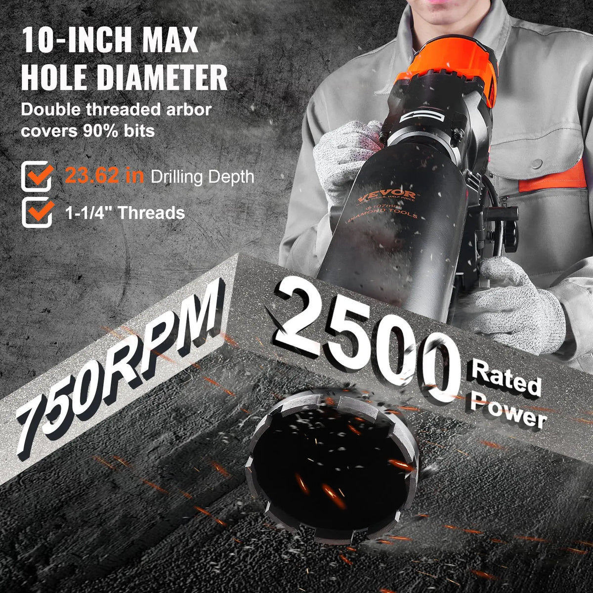 VEVOR dimanta kodolurbšanas iekārta betonam ar statīvu un riteņiem, 3200 W, 750 apgr./min