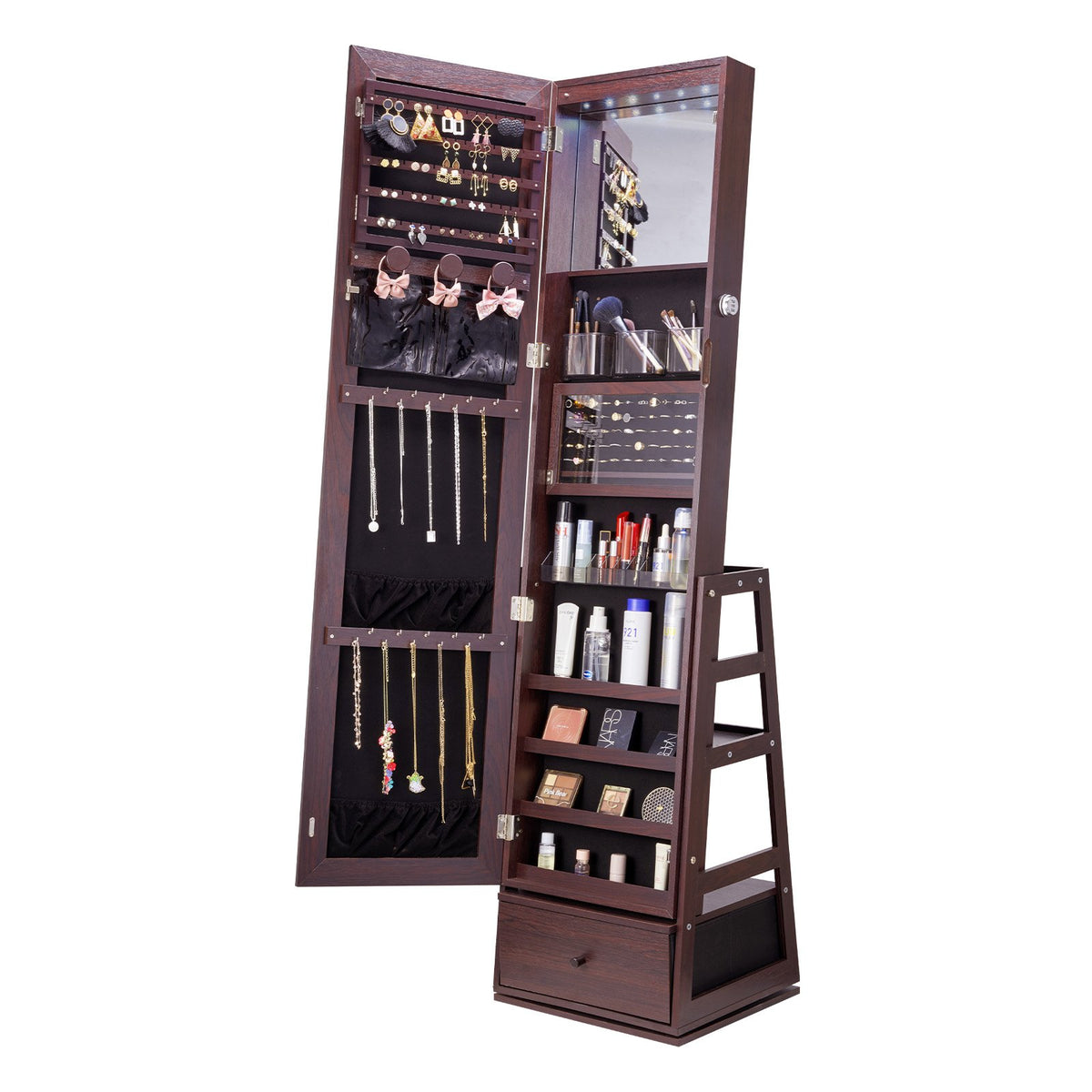 VEVOR Mirror Jewellery Cabinet with 360° Rotating Standing Mirror and Storage, Brown