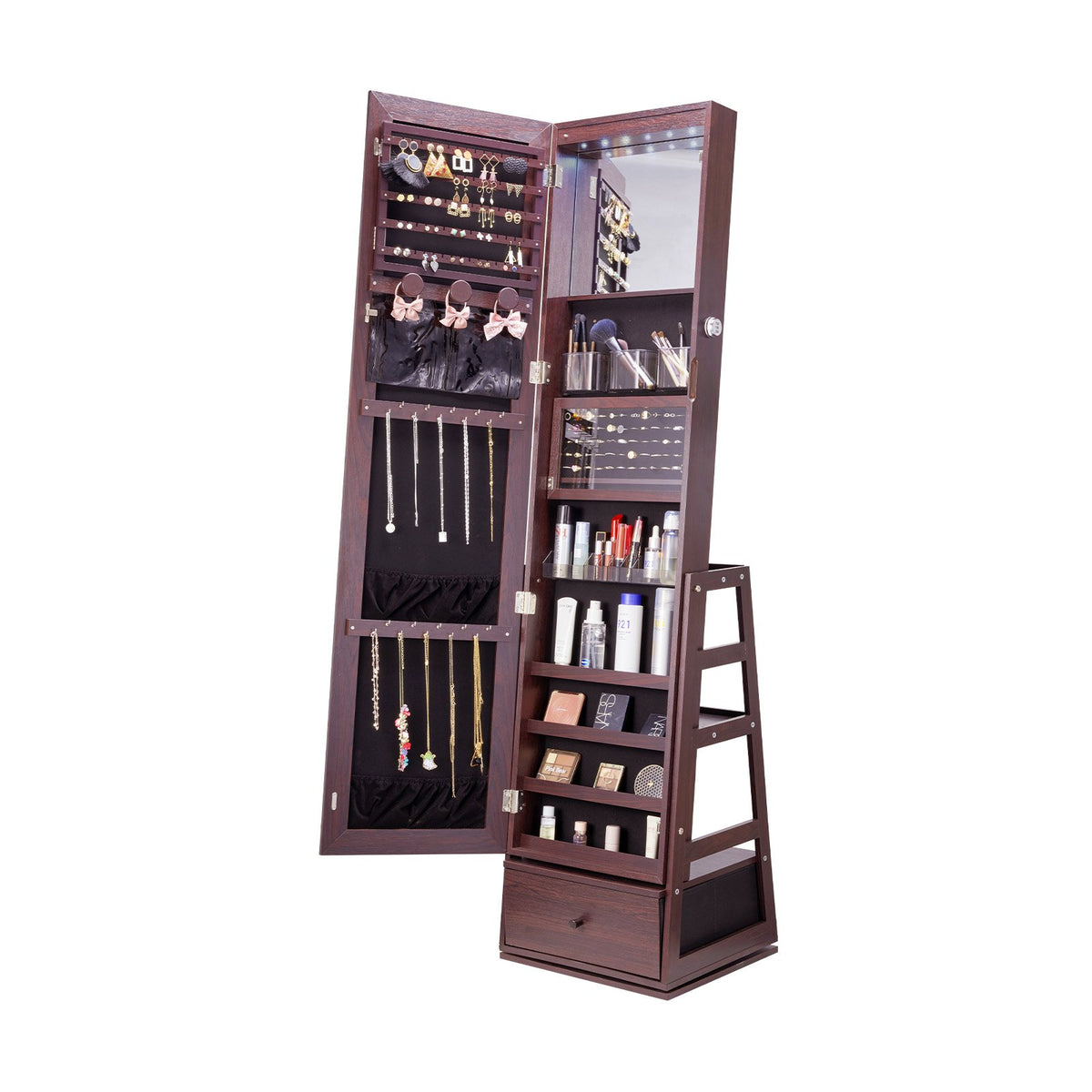 VEVOR Mirror Jewellery Cabinet with 360° Rotating Standing Mirror and Storage, Brown