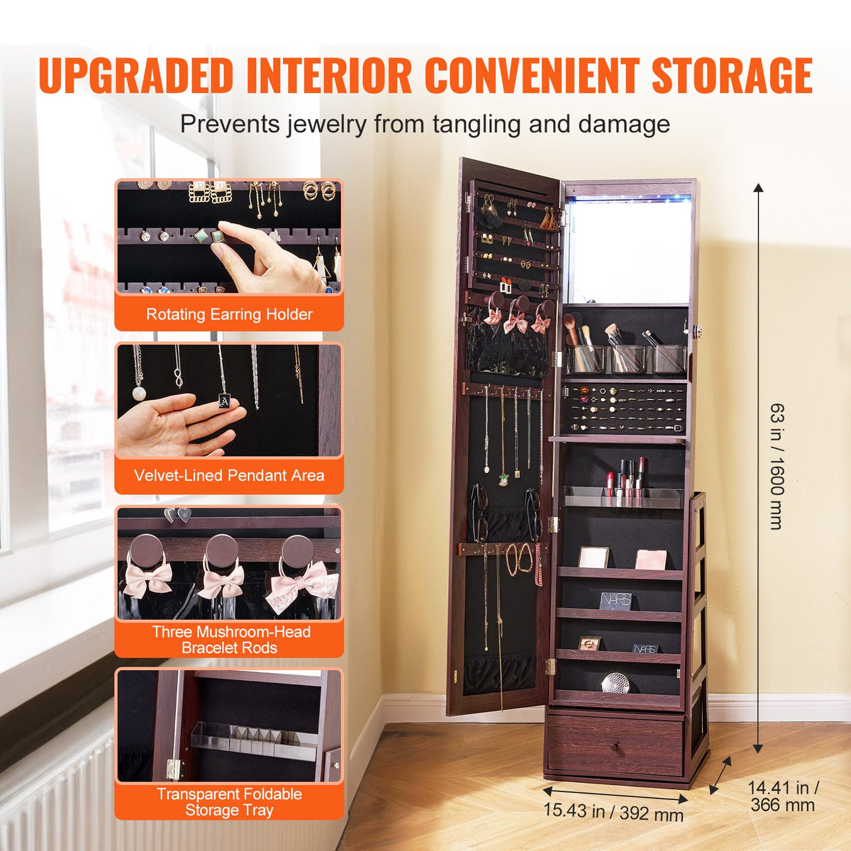 VEVOR Mirror Jewellery Cabinet with 360° Rotating Standing Mirror and Storage, Brown