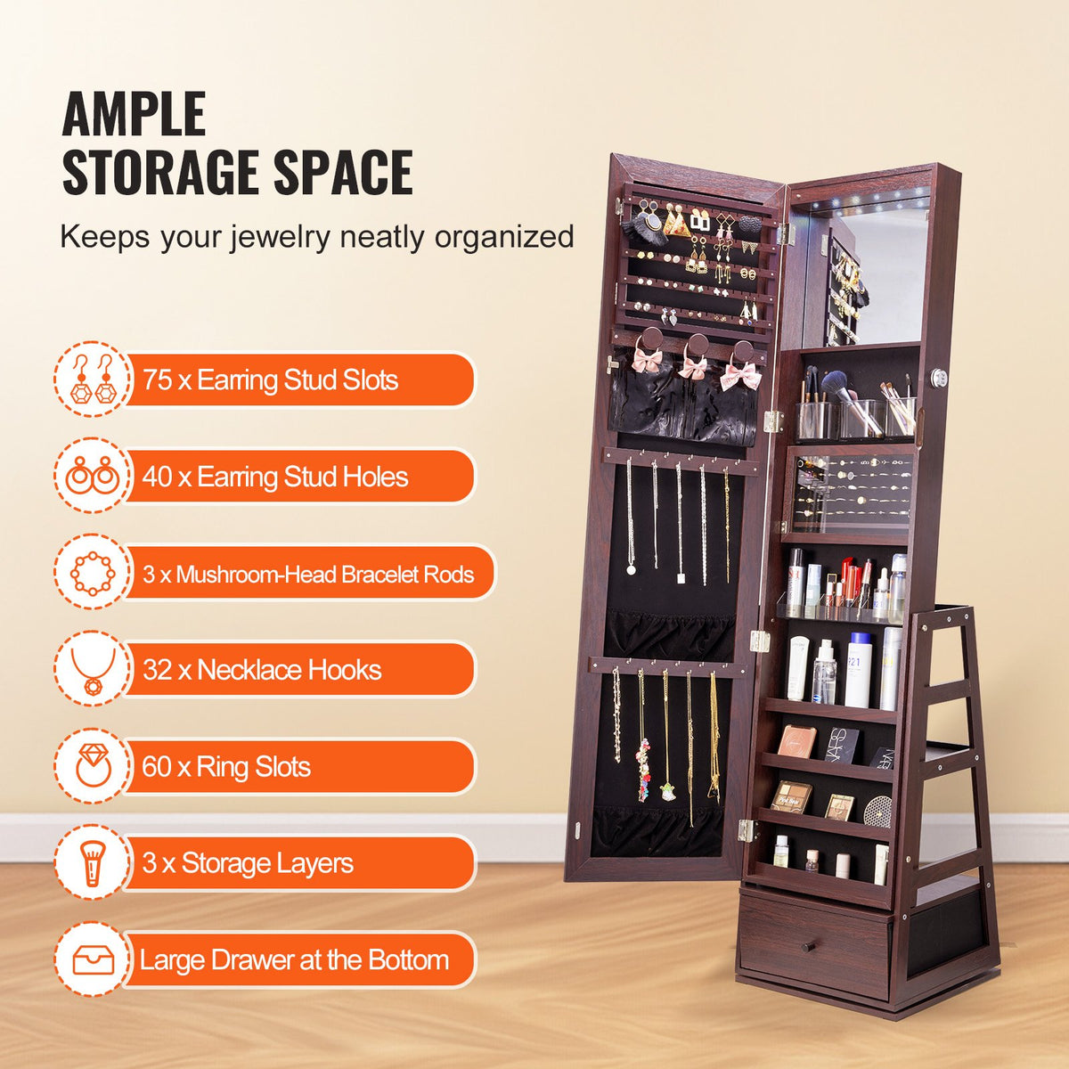 VEVOR Mirror Jewellery Cabinet with 360° Rotating Standing Mirror and Storage, Brown