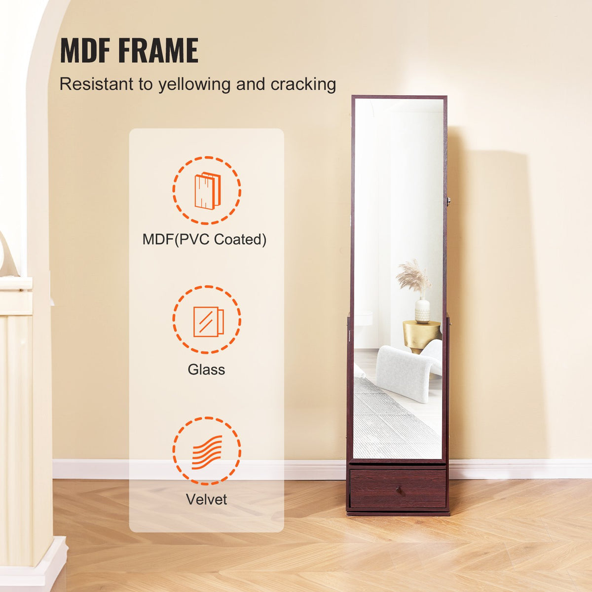 VEVOR Mirror Jewellery Cabinet with 360° Rotating Standing Mirror and Storage, Brown