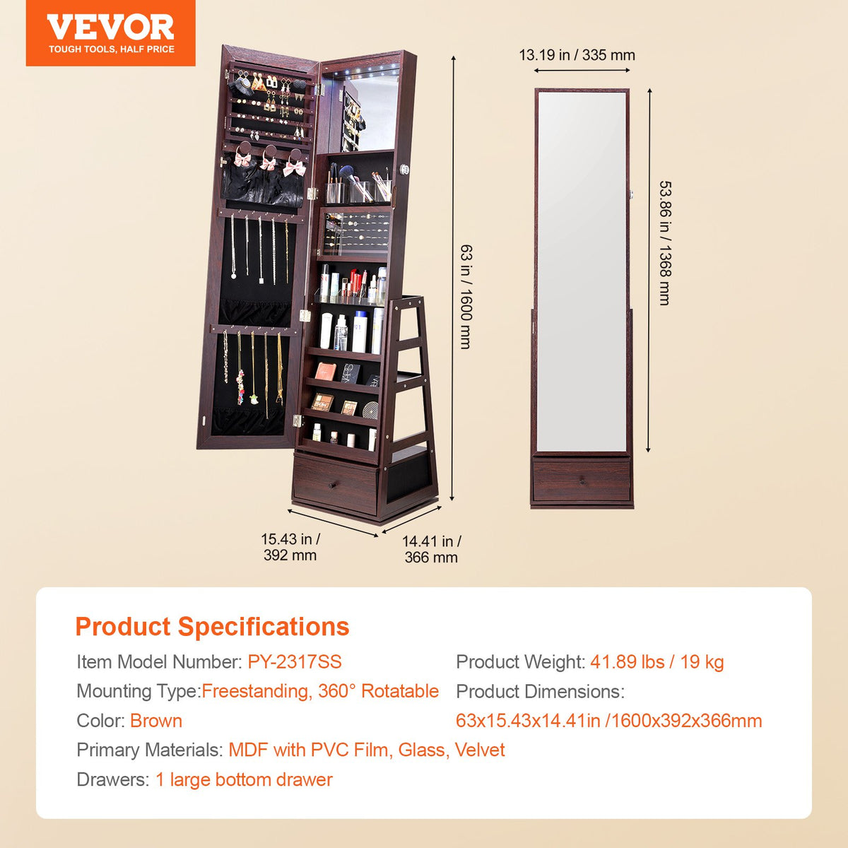 VEVOR Mirror Jewellery Cabinet with 360° Rotating Standing Mirror and Storage, Brown
