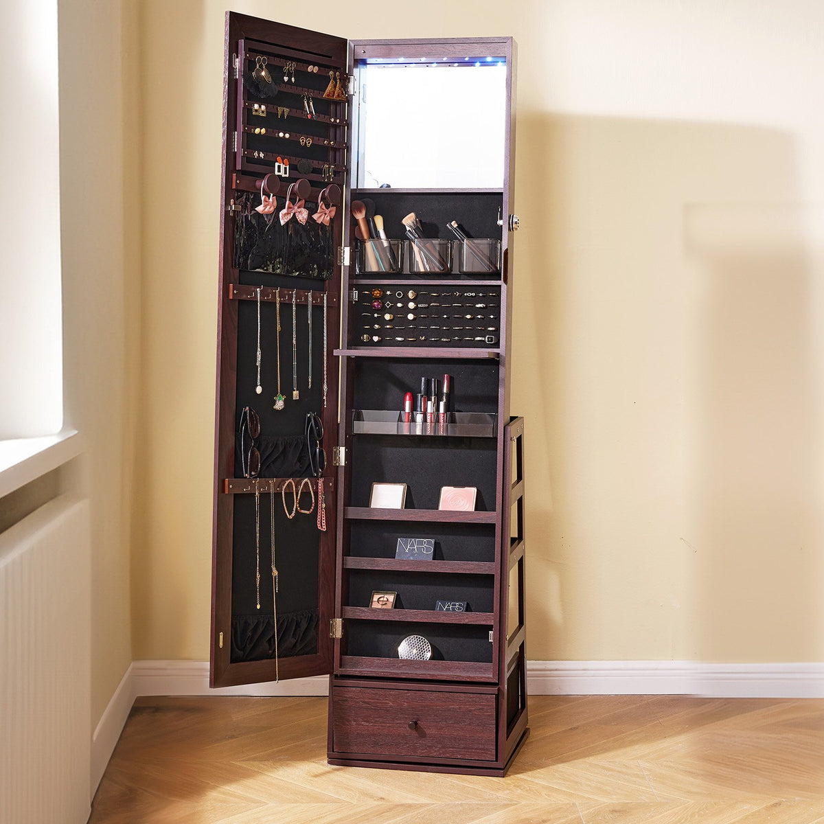 VEVOR Mirror Jewellery Cabinet with 360° Rotating Standing Mirror and Storage, Brown