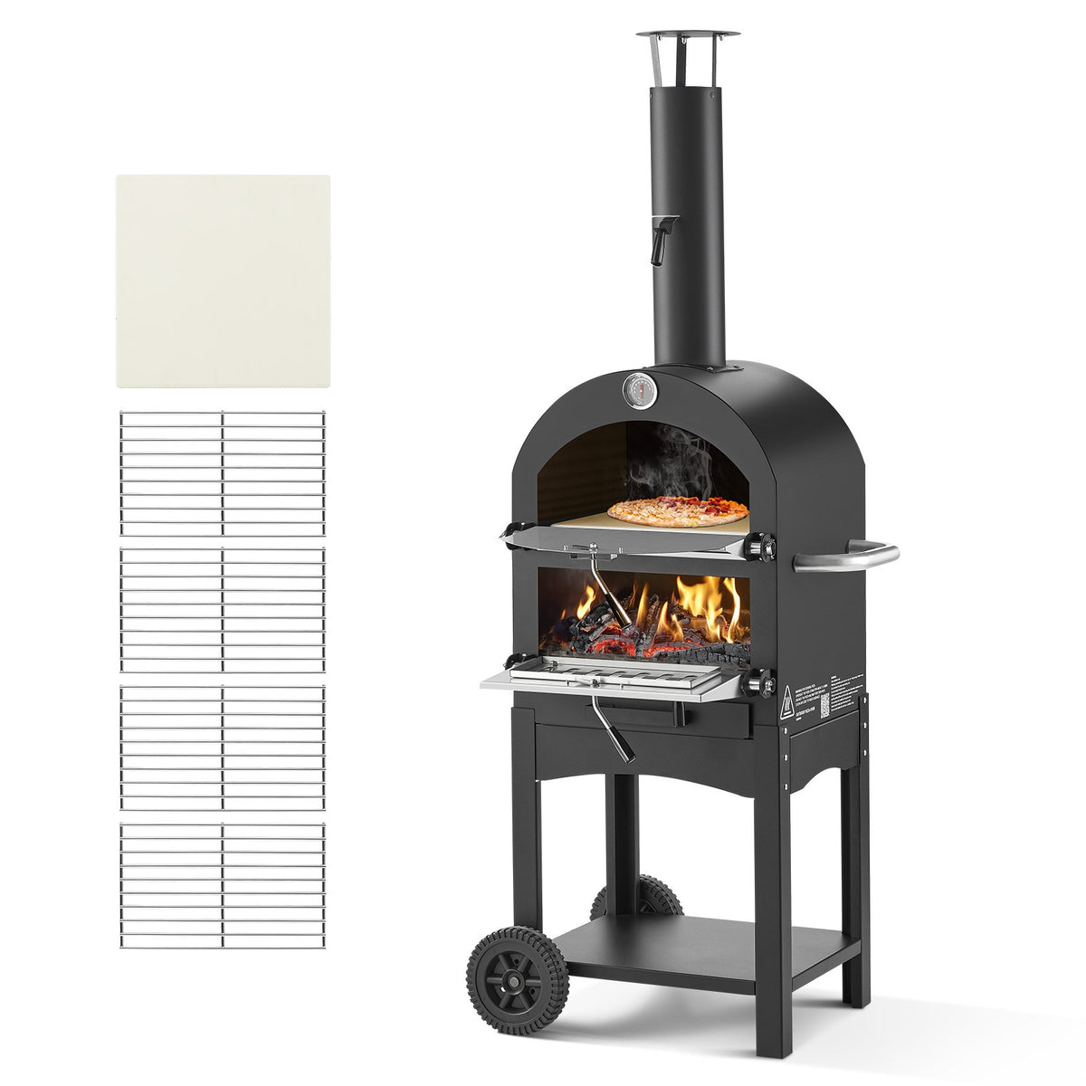VEVOR Outdoor Pizza Oven, 30 cm Pellet Fire Oven, 2-Layer Wood Burning Stove with Removable Wheels, Maximum Temperature 538 °C, Suitable for BBQ