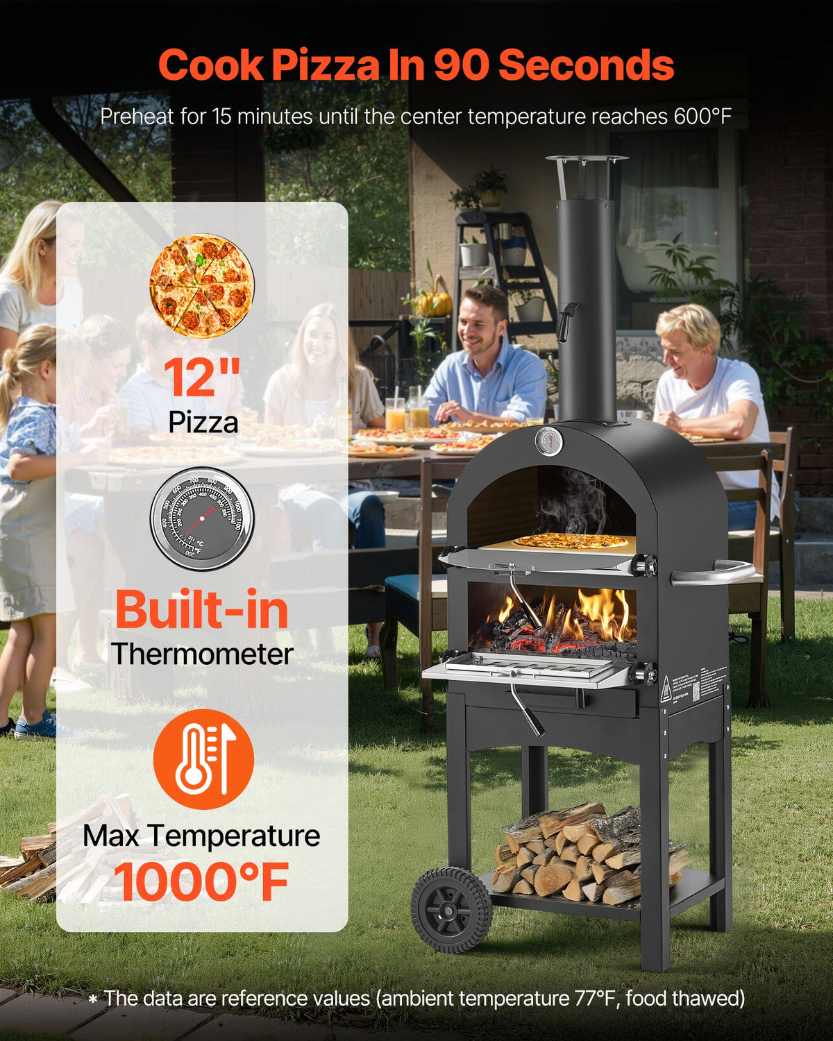 VEVOR Outdoor Pizza Oven, 30 cm Pellet Fire Oven, 2-Layer Wood Burning Stove with Removable Wheels, Maximum Temperature 538 °C, Suitable for BBQ