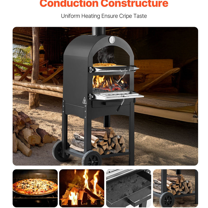 Āra picas krāsns, 30 cm granulu uguns krāsns, 2 slāņu malkas kurtuve ar noņemamiem riteņiem, maksimālā temperatūra 538 °C, piemērota bārbekjū