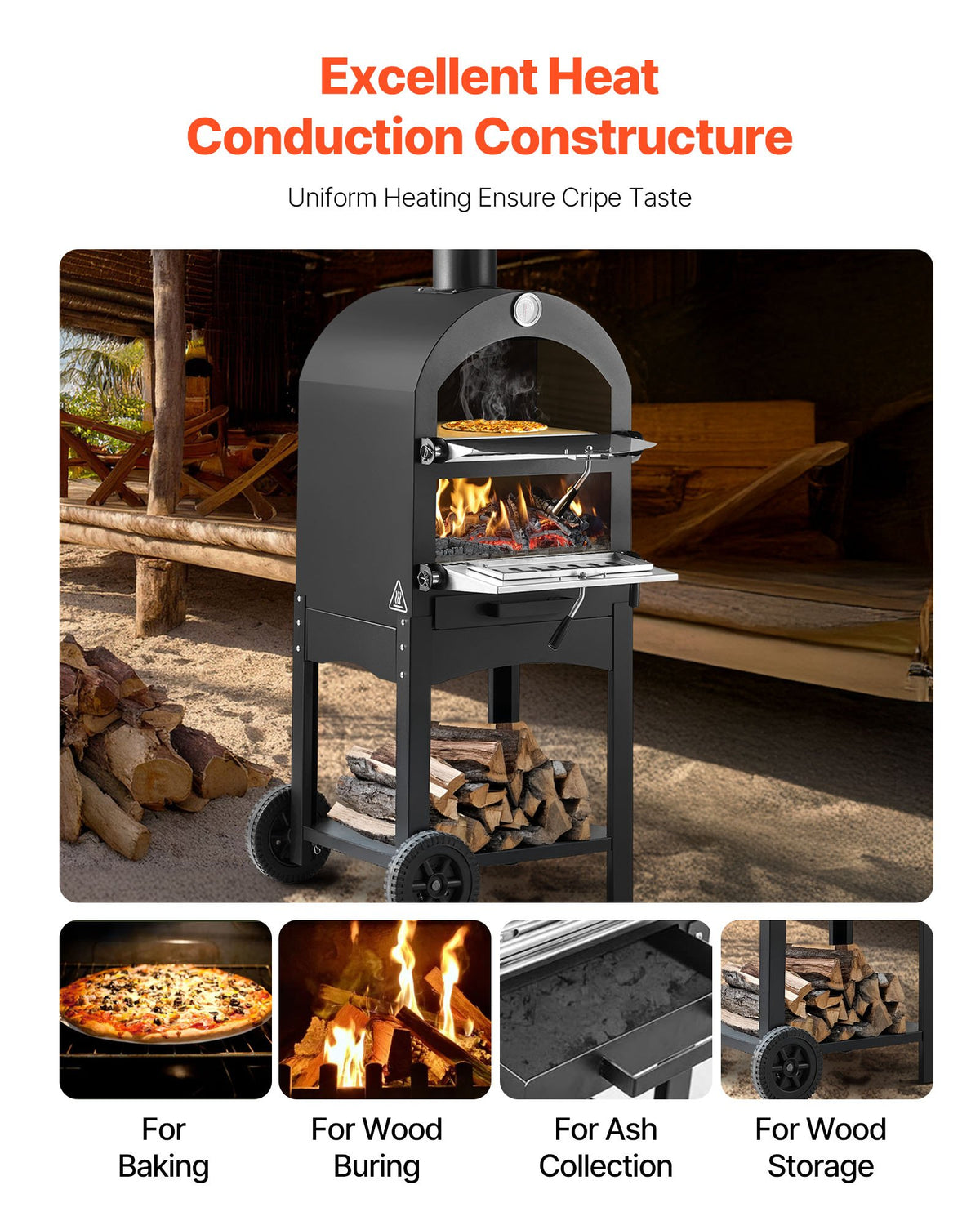 VEVOR Outdoor Pizza Oven, 30 cm Pellet Fire Oven, 2-Layer Wood Burning Stove with Removable Wheels, Maximum Temperature 538 °C, Suitable for BBQ