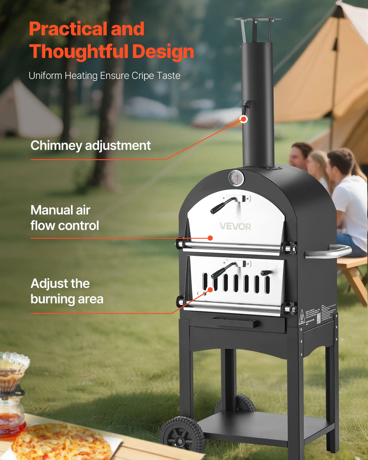 VEVOR Outdoor Pizza Oven, 30 cm Pellet Fire Oven, 2-Layer Wood Burning Stove with Removable Wheels, Maximum Temperature 538 °C, Suitable for BBQ