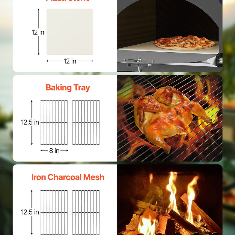 Āra picas krāsns, 30 cm granulu uguns krāsns, 2 slāņu malkas kurtuve ar noņemamiem riteņiem, maksimālā temperatūra 538 °C, piemērota bārbekjū