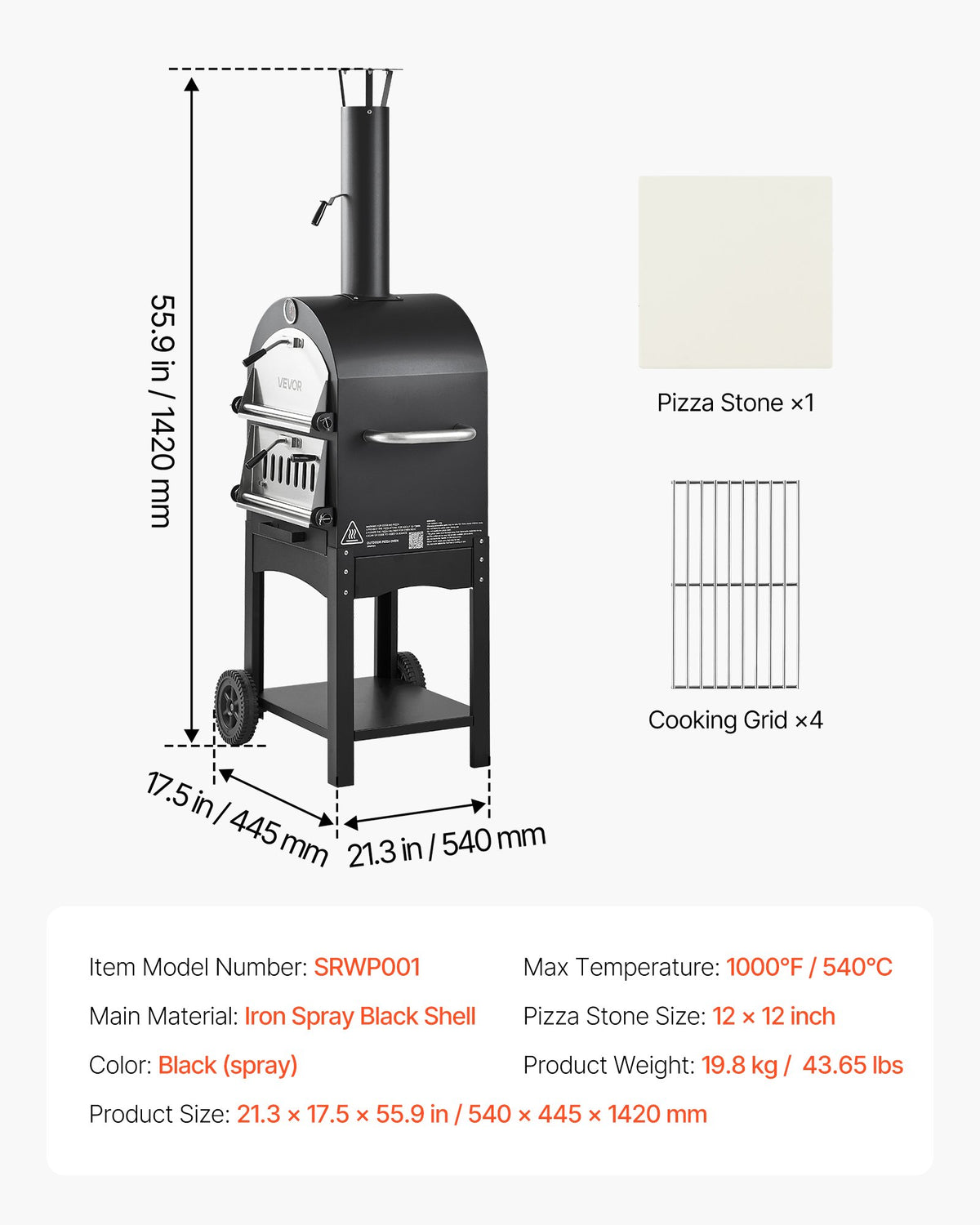 VEVOR Outdoor Pizza Oven, 30 cm Pellet Fire Oven, 2-Layer Wood Burning Stove with Removable Wheels, Maximum Temperature 538 °C, Suitable for BBQ