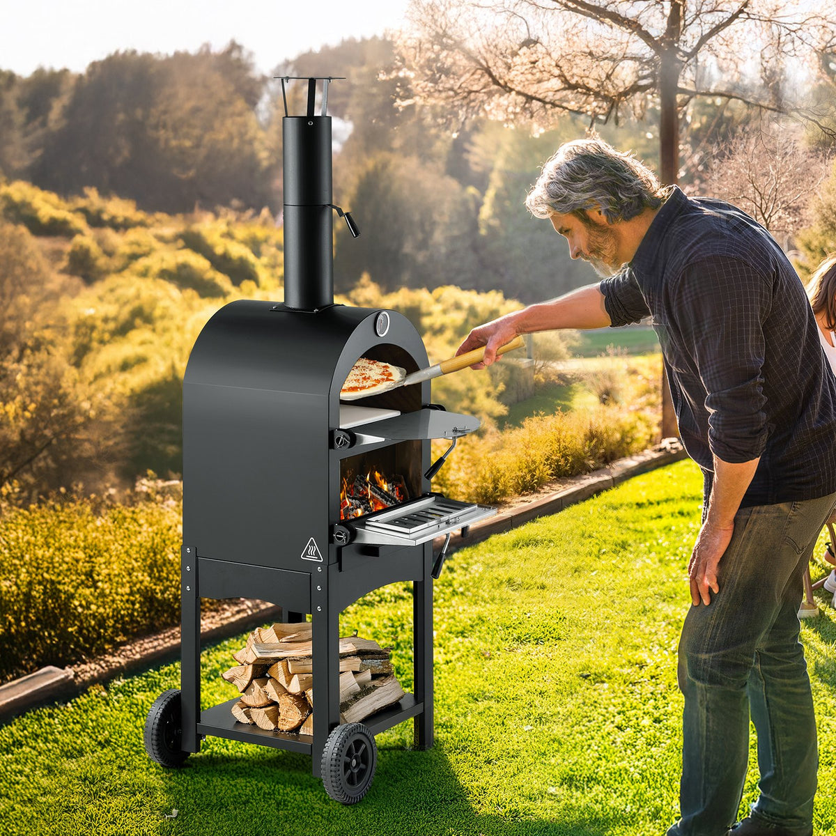 VEVOR Outdoor Pizza Oven, 30 cm Pellet Fire Oven, 2-Layer Wood Burning Stove with Removable Wheels, Maximum Temperature 538 °C, Suitable for BBQ