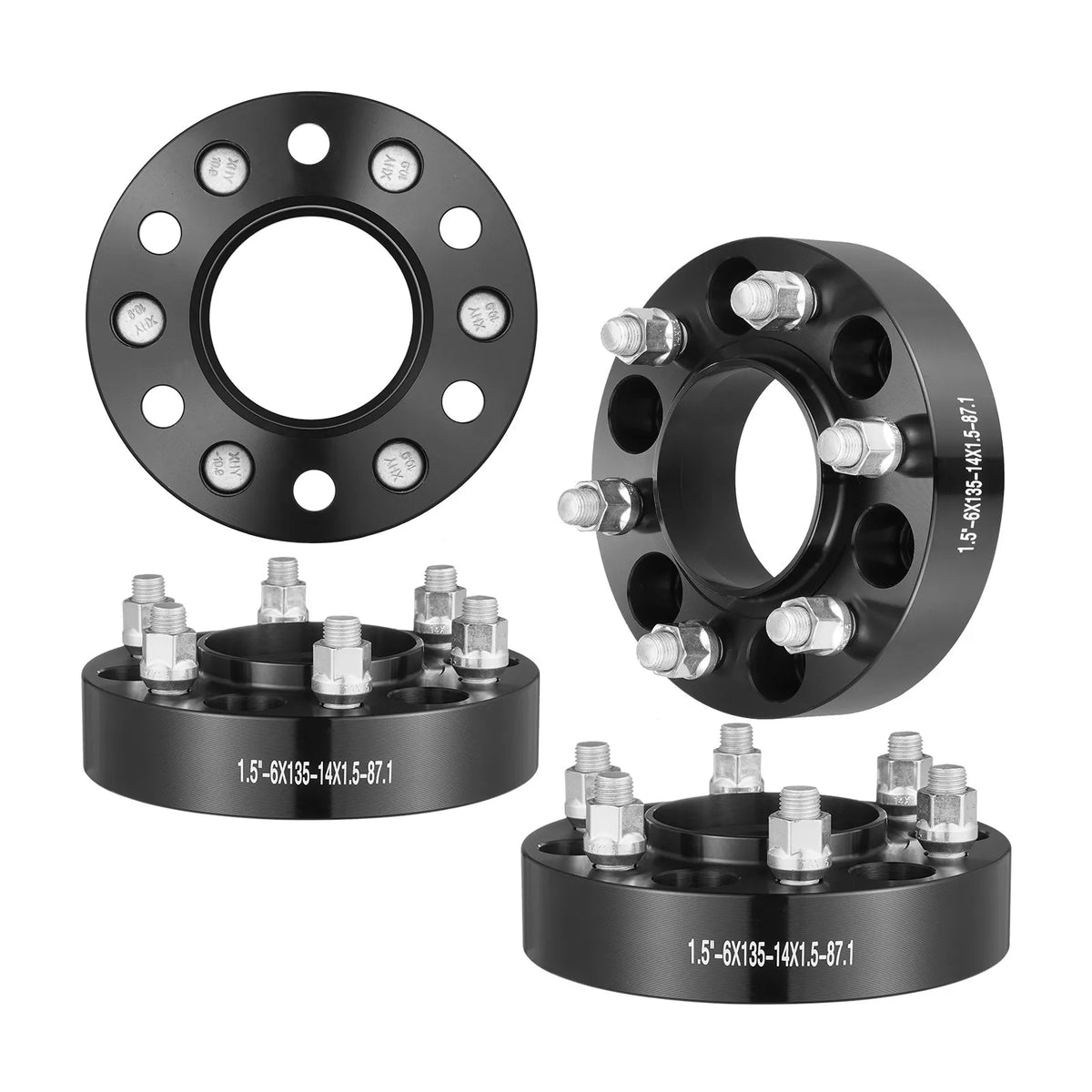38.1 mm 6x135 mm forged wheel adapters, 6 lug, black, 4 pcs